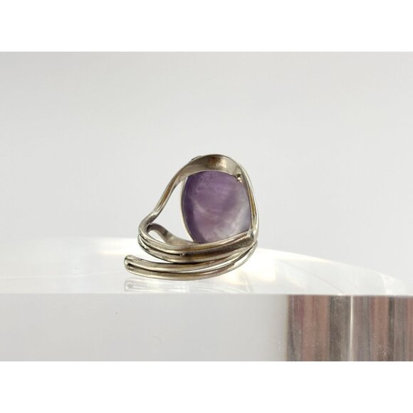 Domed Amethyst Semi-Precious Silver Adjustable Southwest Vintage Ring - sz 8 - Picture 3 of 9